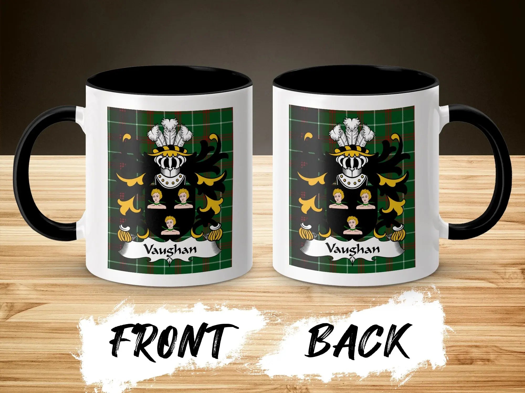 Vaughan Welsh surname coffee mug front and back with coat of arms on tartan