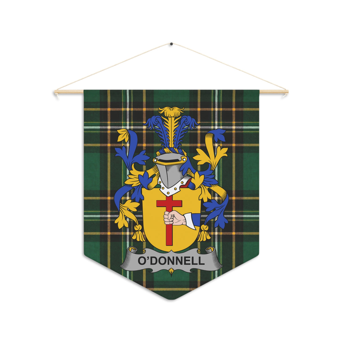 O'Donnell family crest on a green tartan pennant banner.