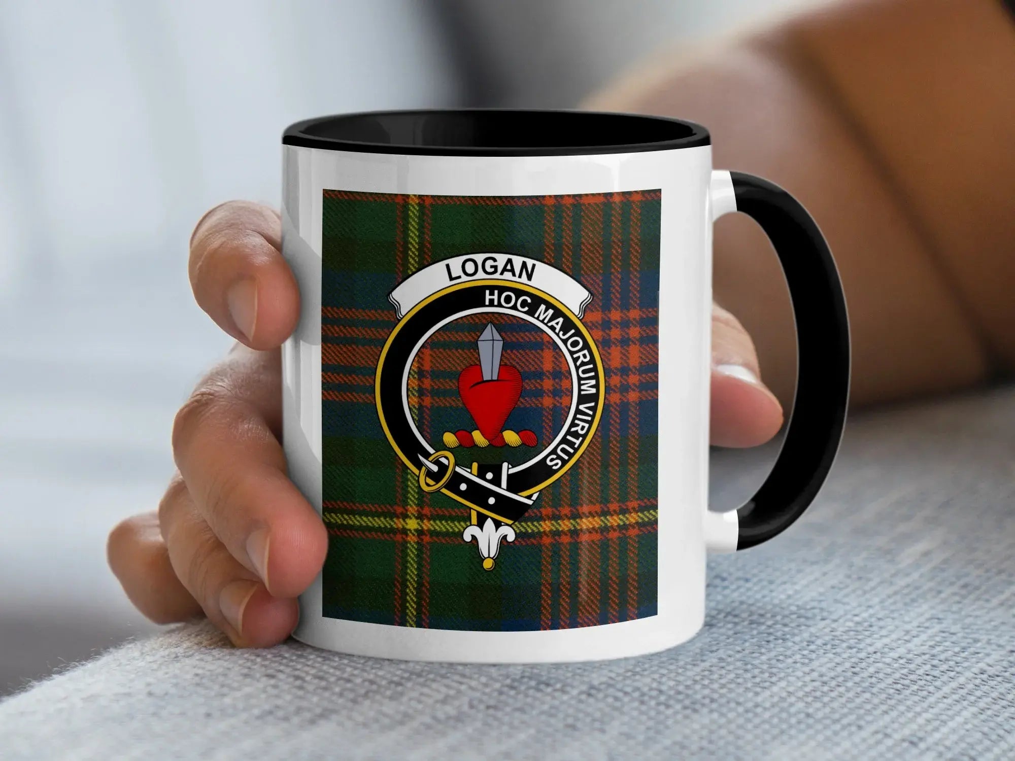 Logan clan tartan mug with Celtic crest design — 11oz glossy ceramic, Scottish heritage