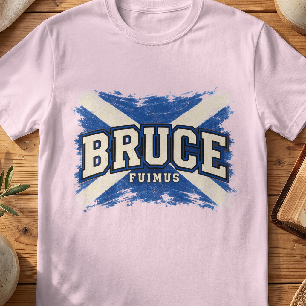 Bruce Scottish Saltire T-shirt in Light Pink, with distressed blue and cream flag and “Fuimus” lettering.