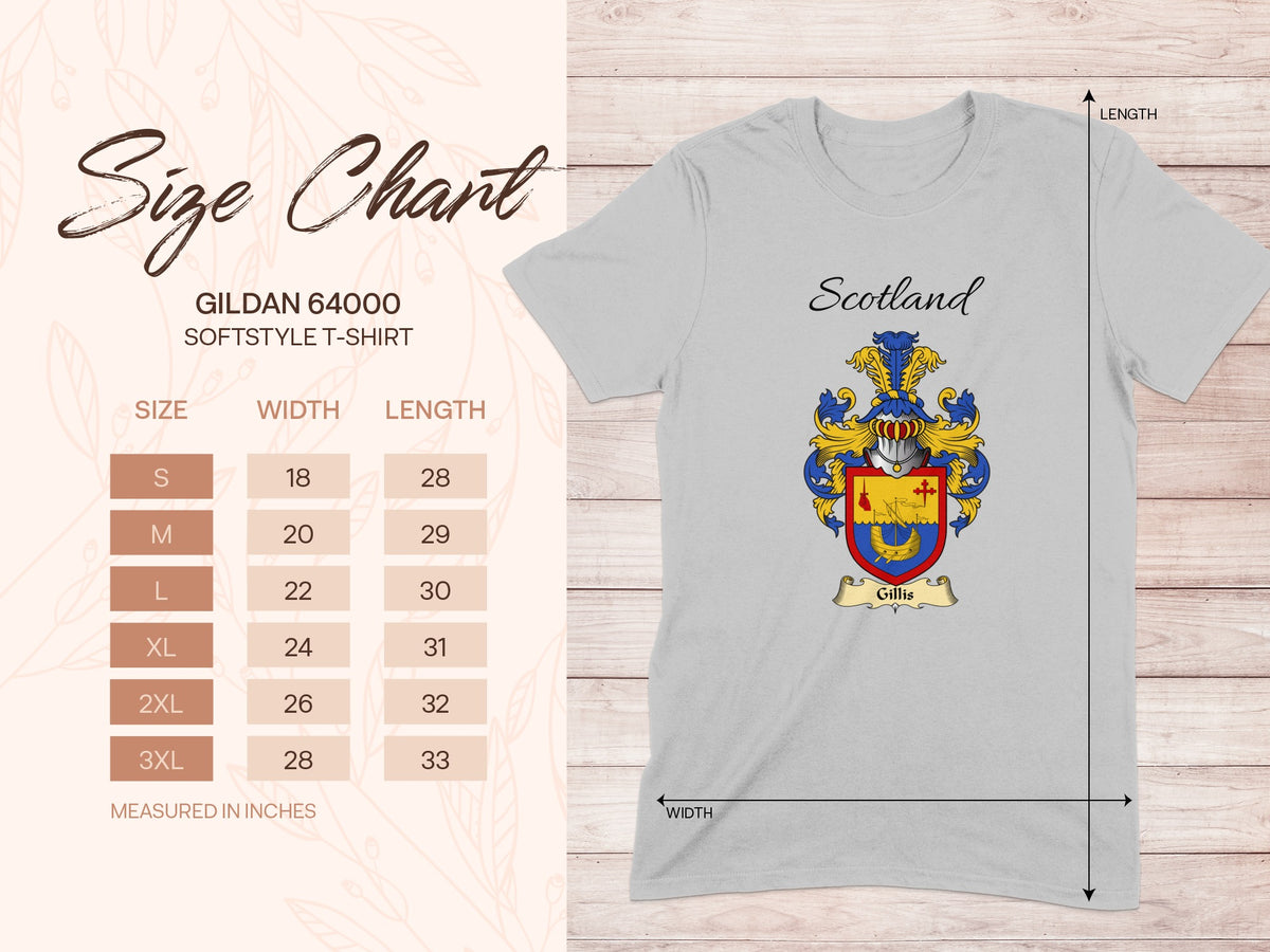 Gildan 64000 size chart for the Gillis unisex T-shirt, sizes S to 3XL