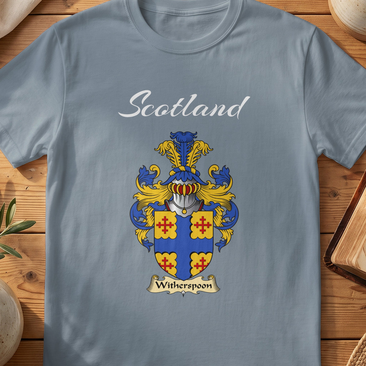Witherspoon Scottish family shield T-shirt in Stone Blue