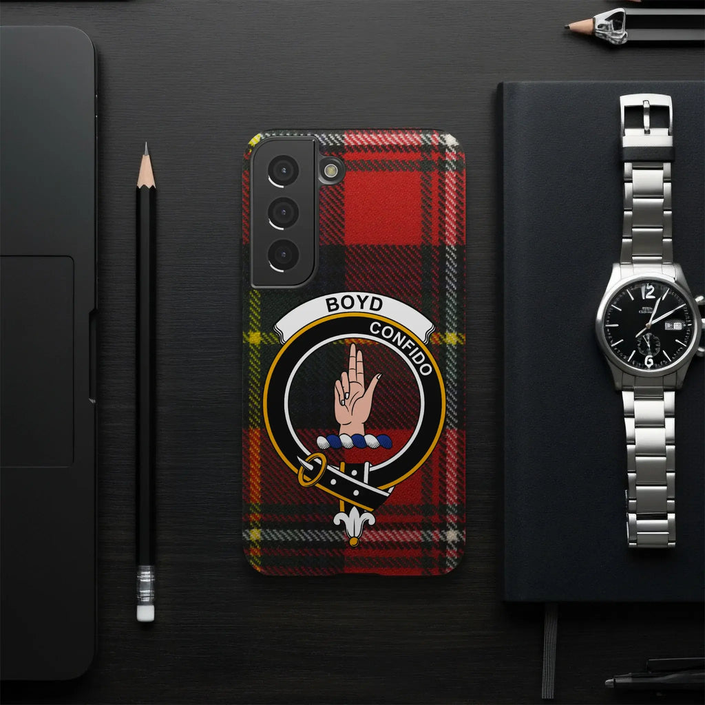 Boyd tartan phone case on Samsung Galaxy — full heraldic crest wrap, glossy finish