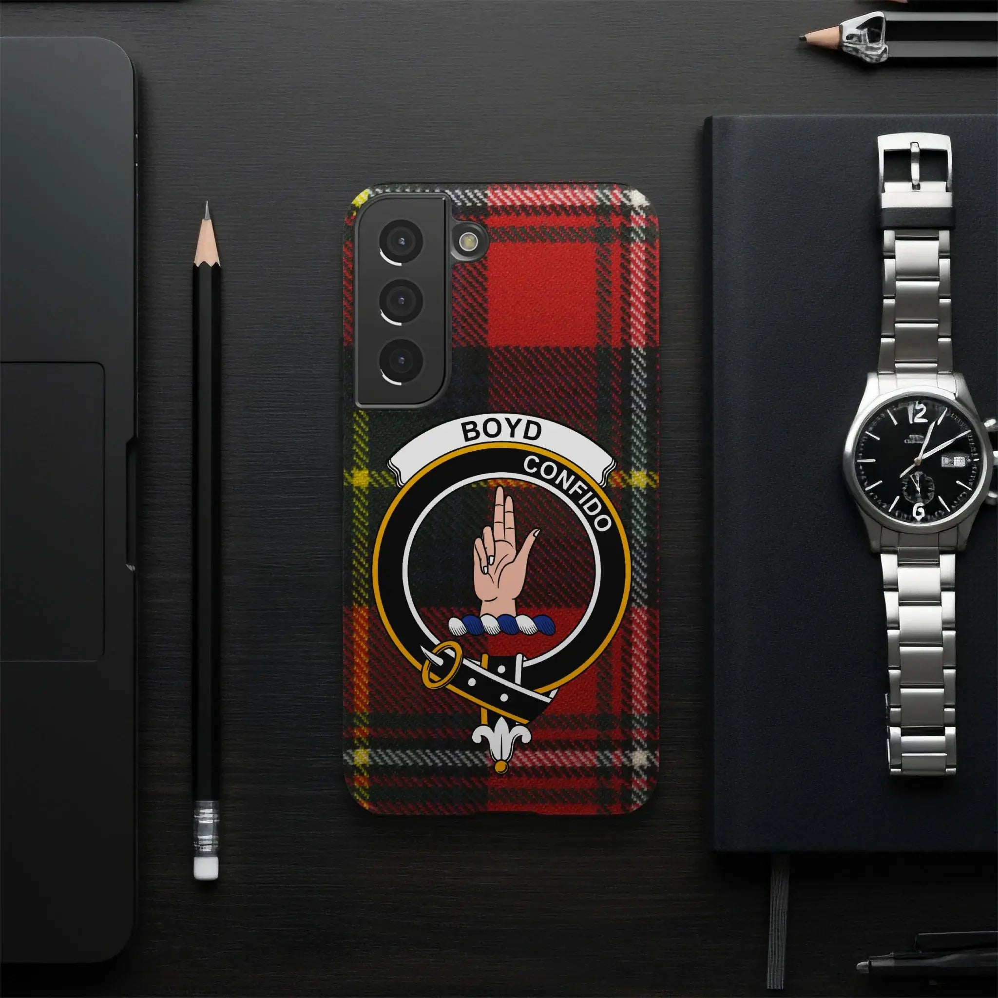 Boyd tartan phone case on Samsung Galaxy — full heraldic crest wrap, glossy finish