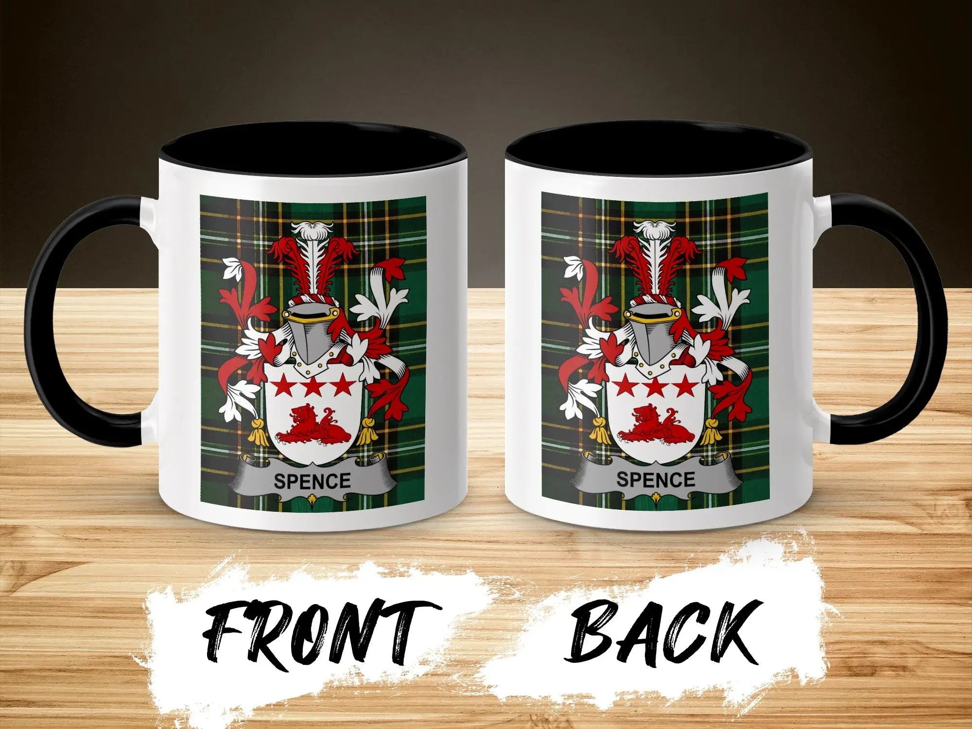 Spence ceramic accent mug with black handle and surname crest on tartan