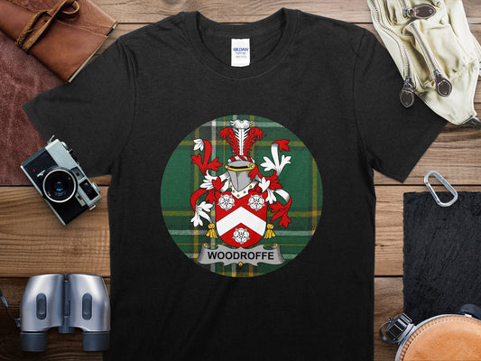 Woodroffe Family Crest on Irish Tartan Background T-Shirt - Living Stone Gifts