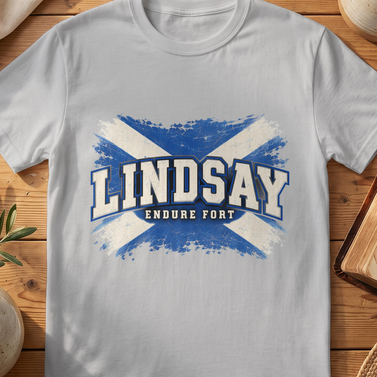 Lindsay Scottish Saltire T-shirt in Sport Grey, with distressed blue and cream flag and “Endure Fort” lettering.