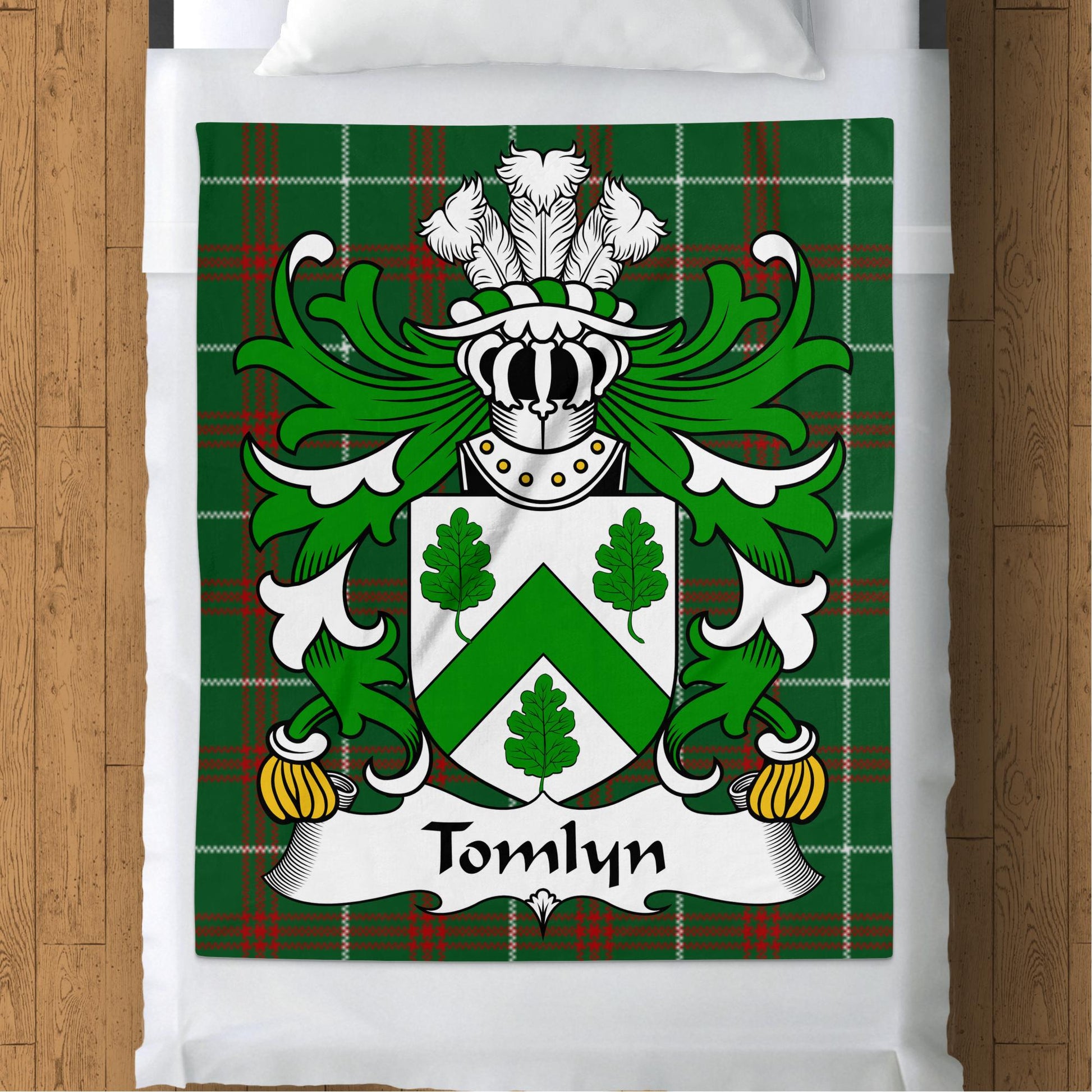 Tomlyn Welsh Surname Coat of Arms on Tartan Background Blanket - Living Stone Gifts