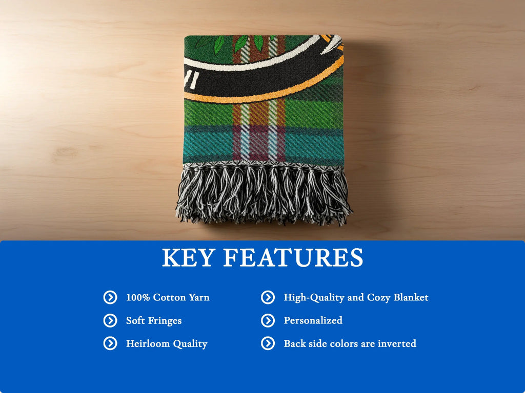 Clan Lyon woven heritage blanket — 60x50 inch draped view showing full tartan and fringe edging