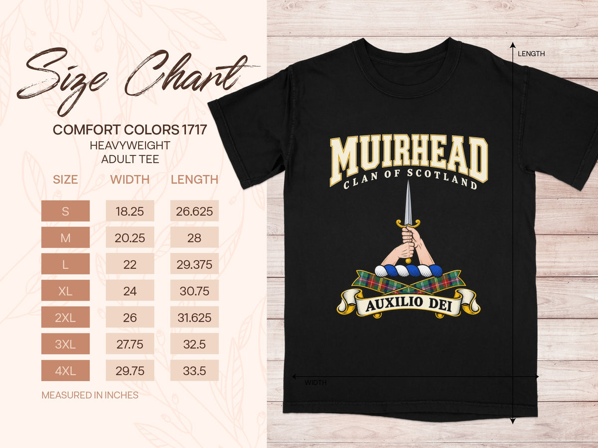 Muirhead Comfort Colors 1717 T-shirt size chart with black shirt illustration