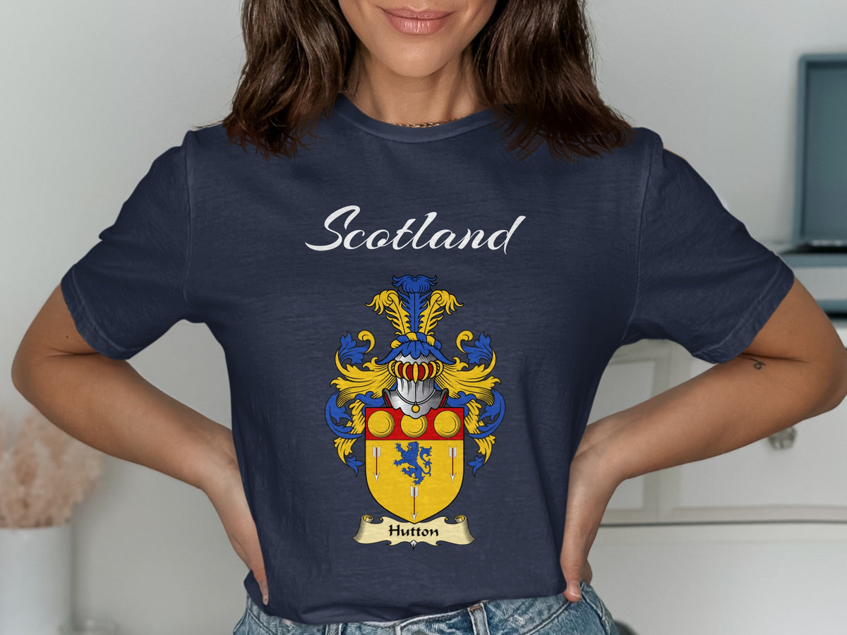 Hutton Scottish family shield design on Navy T-shirt
