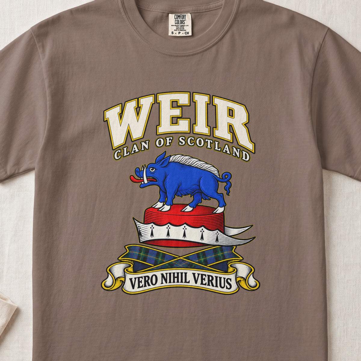 Weir Scottish clan T-shirt in Espresso, front view with a blue boar above a red-and-white cap and motto banner.