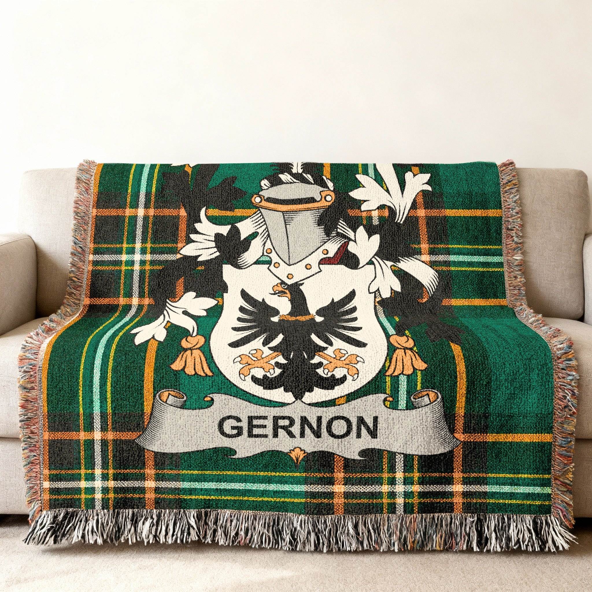 Green and black tartan blanket with a coat of arms and "GERNON" banner.