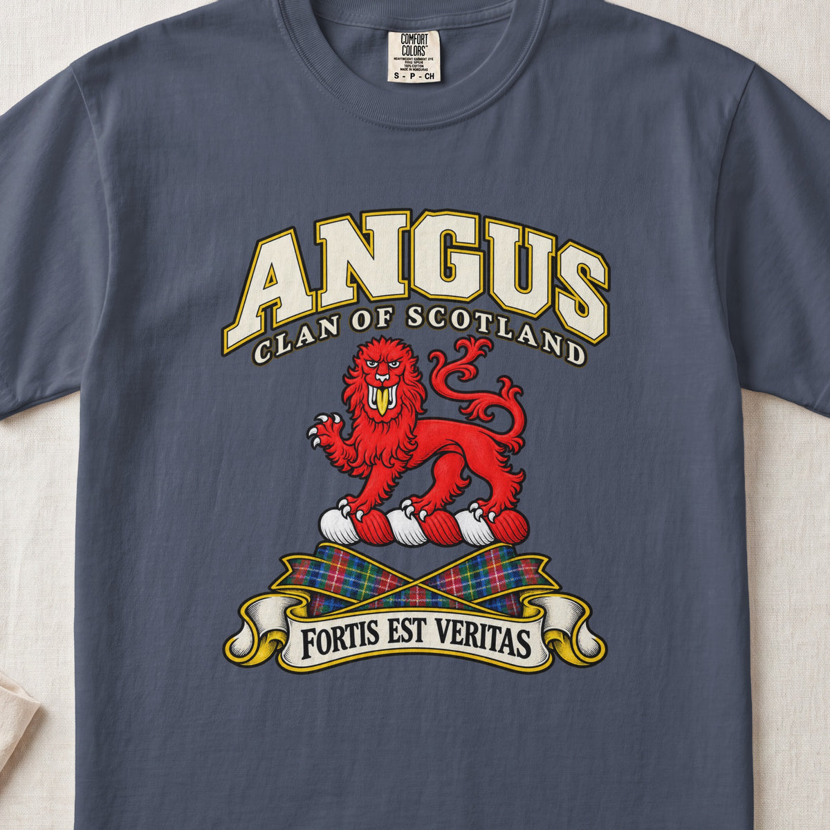 Angus Scottish clan T-shirt in Midnight, front view with a red lion and motto banner.