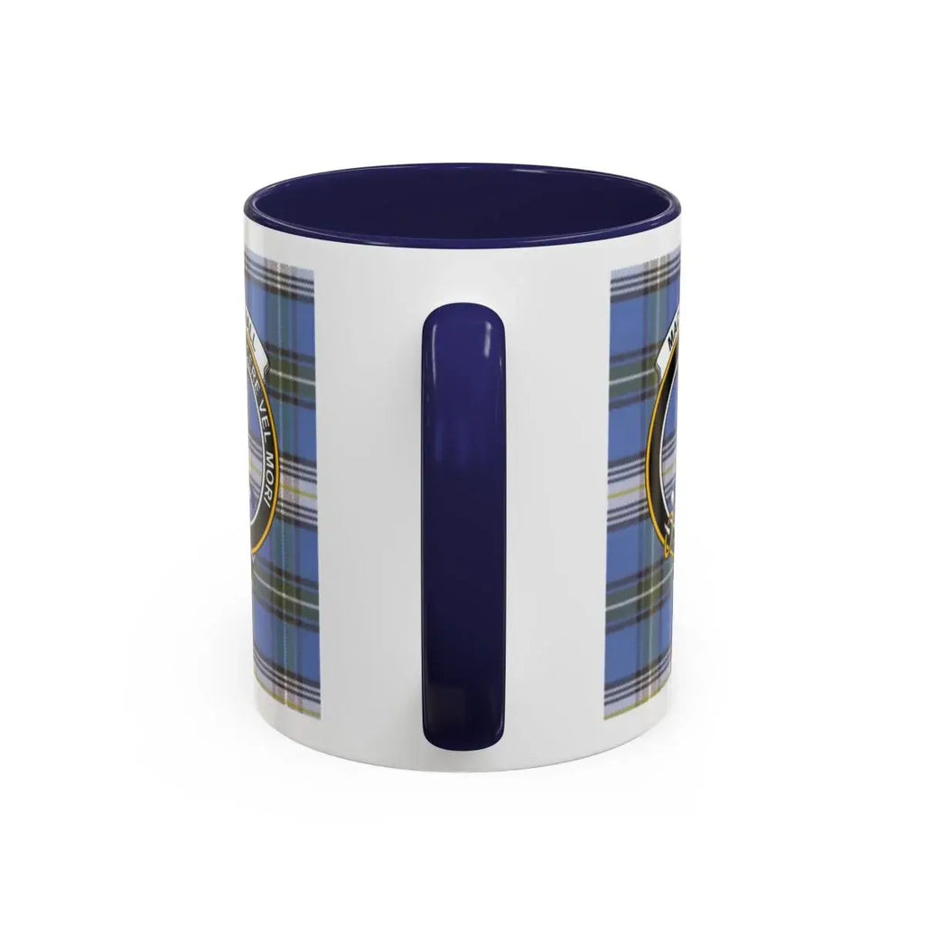 Blue and White Plaid Ceramic Mug with Navy Handle