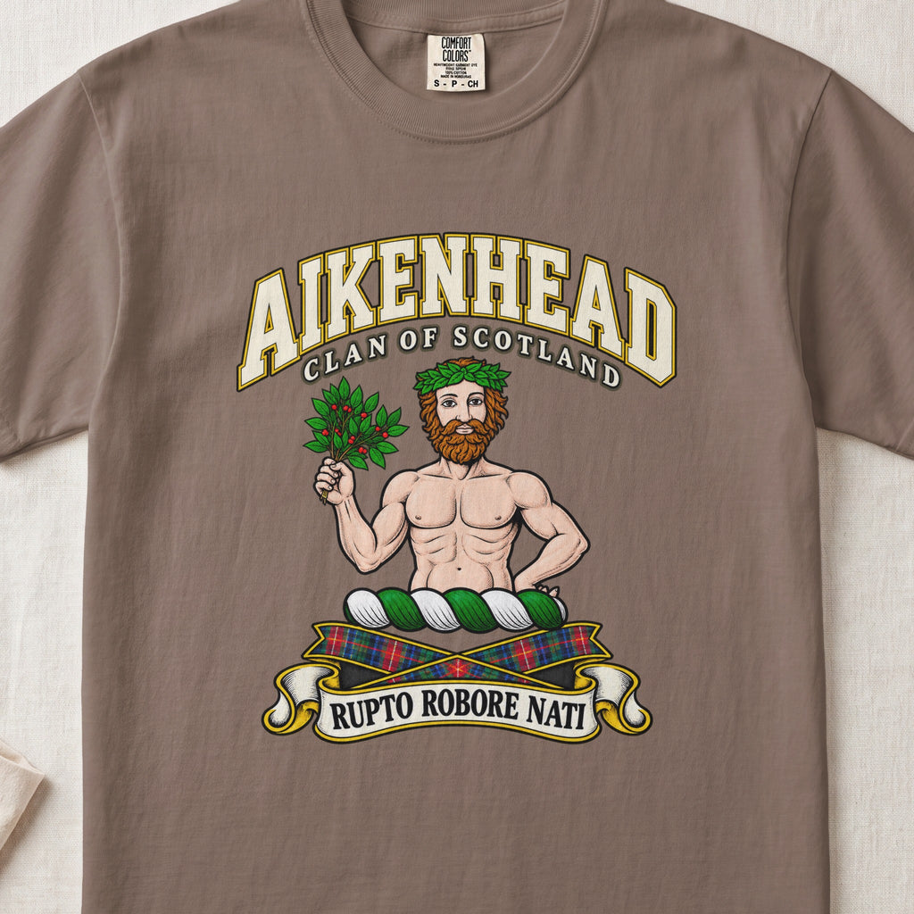 Aikenhead Scottish clan T-shirt in Espresso, front view with a bearded figure holding a leafy branch and motto banner.