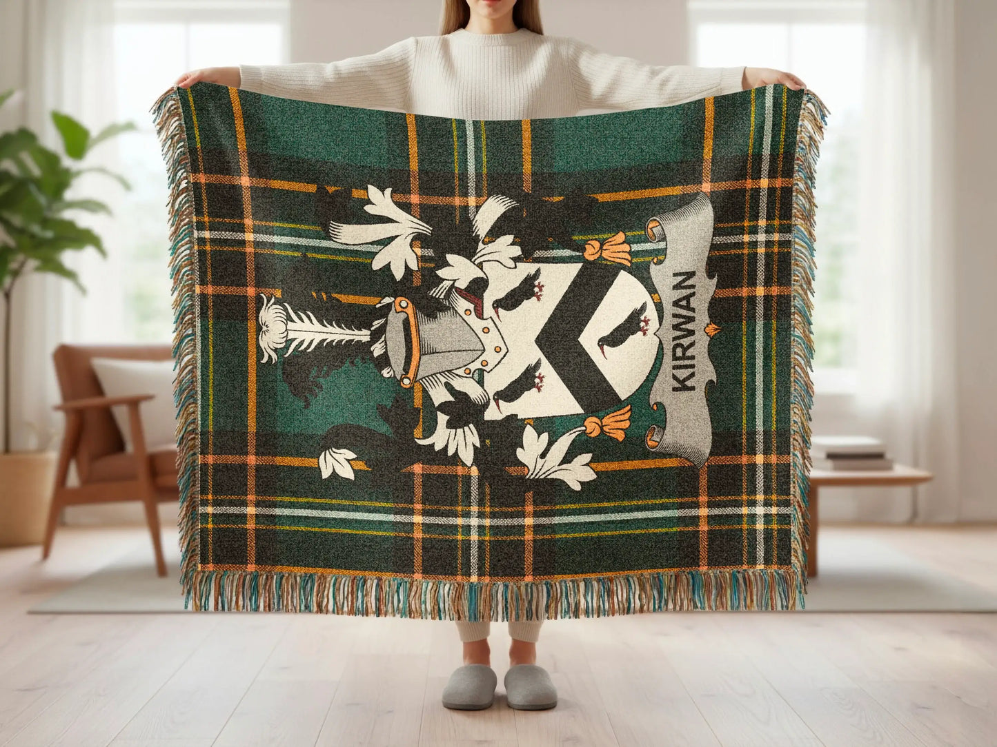 Kirwan tartan blanket with family crest displayed.