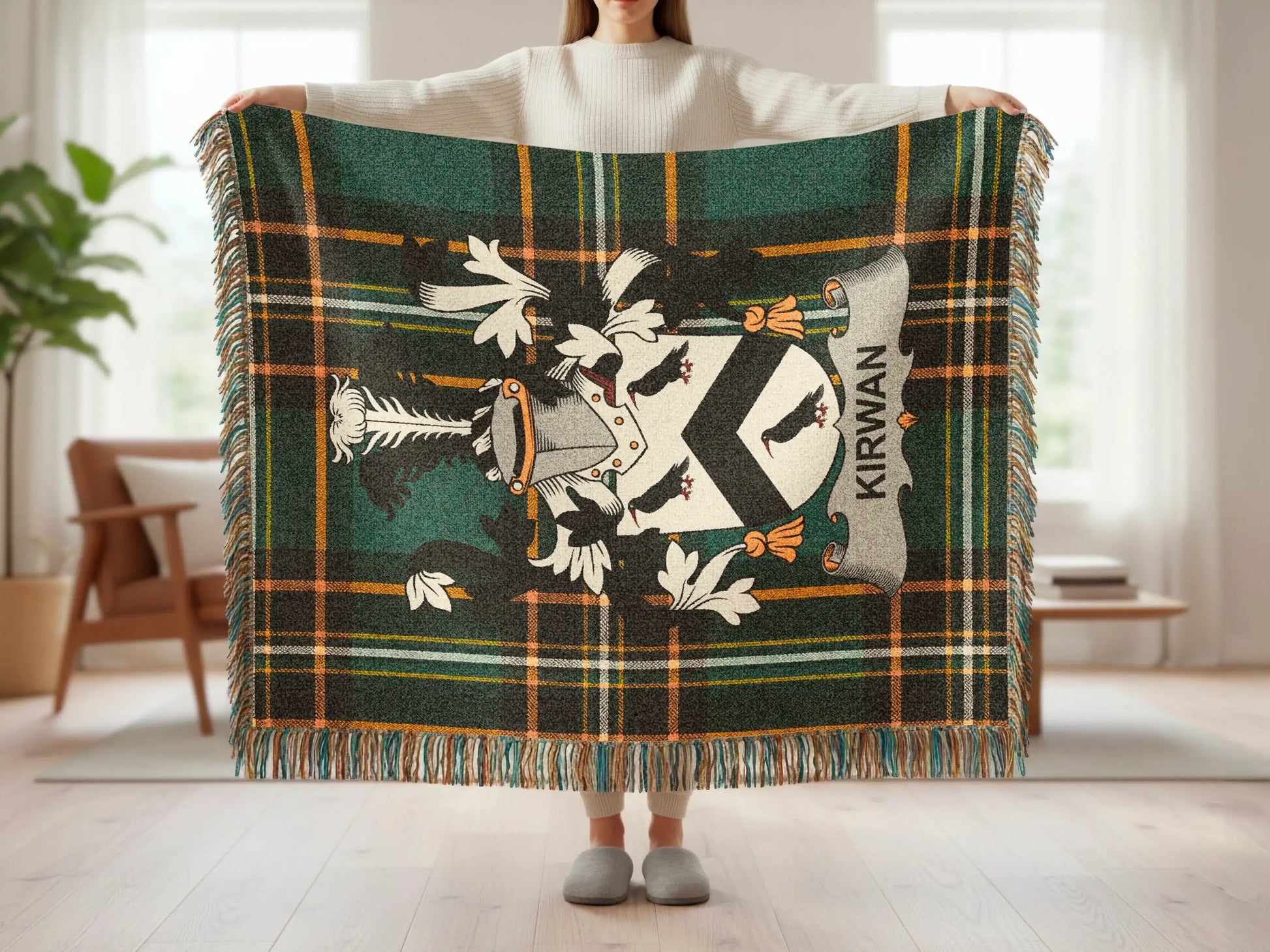 Kirwan tartan blanket with family crest displayed.