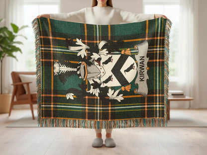 Kirwan tartan blanket with family crest displayed.