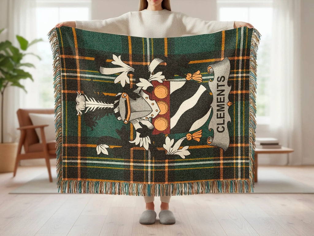 Clements Family Crest Dark Green Plaid Fringed Blanket