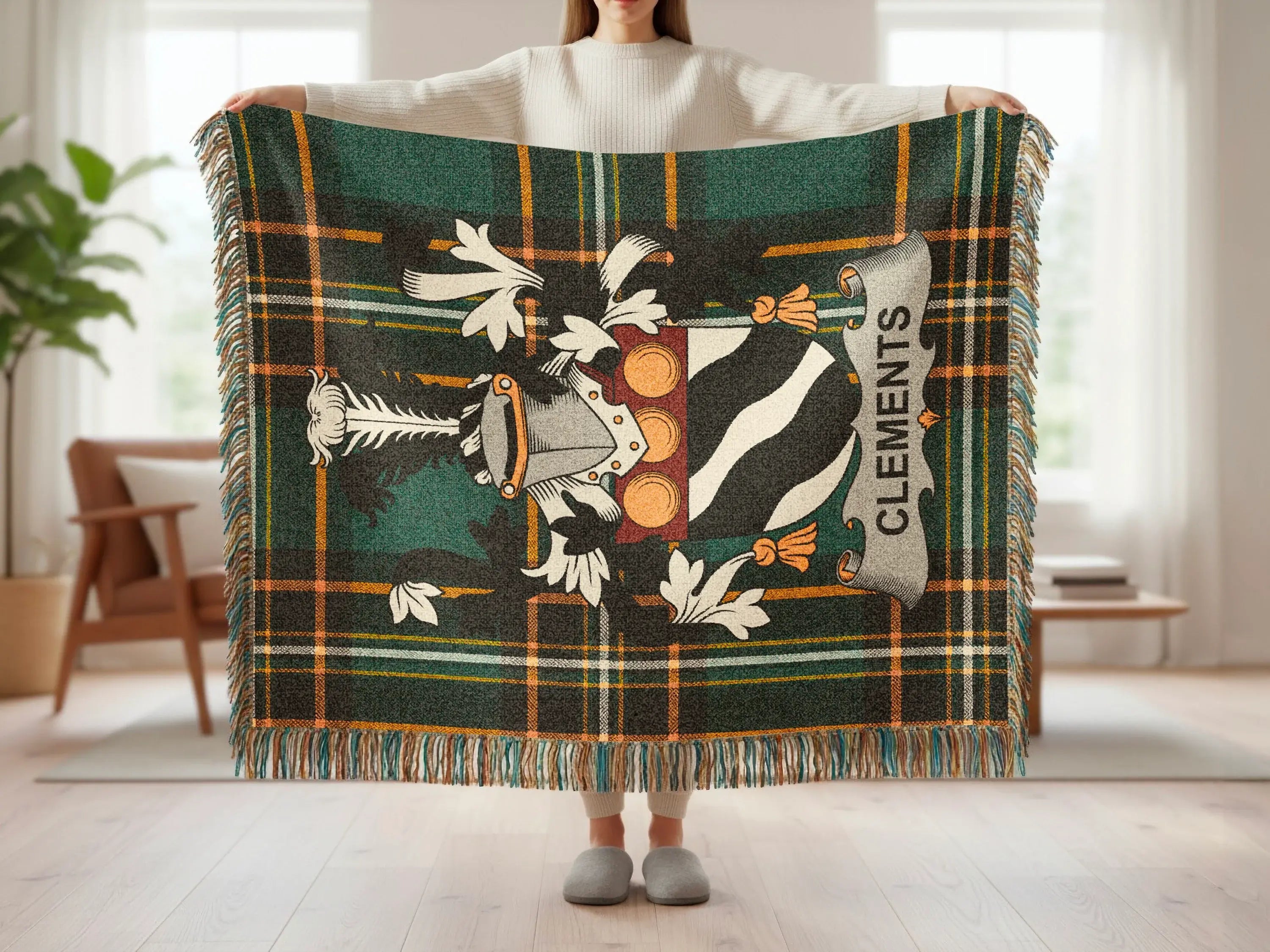 Clements Family Crest Dark Green Plaid Fringed Blanket