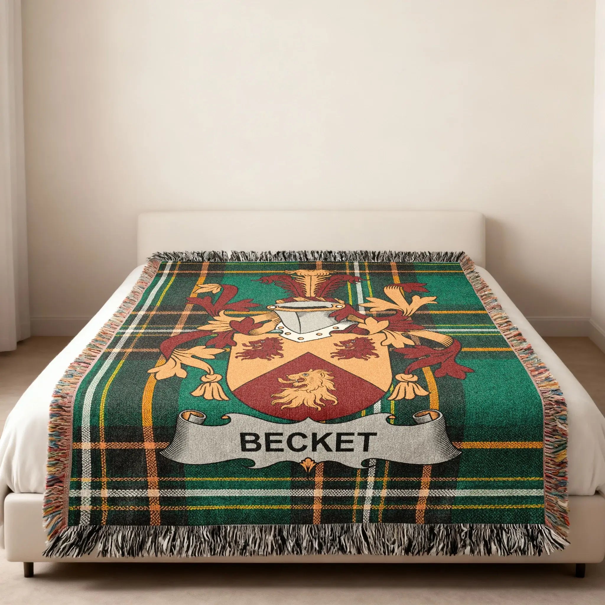 Becket Coat Arms Green Plaid Pattern Fringe Blanket product type