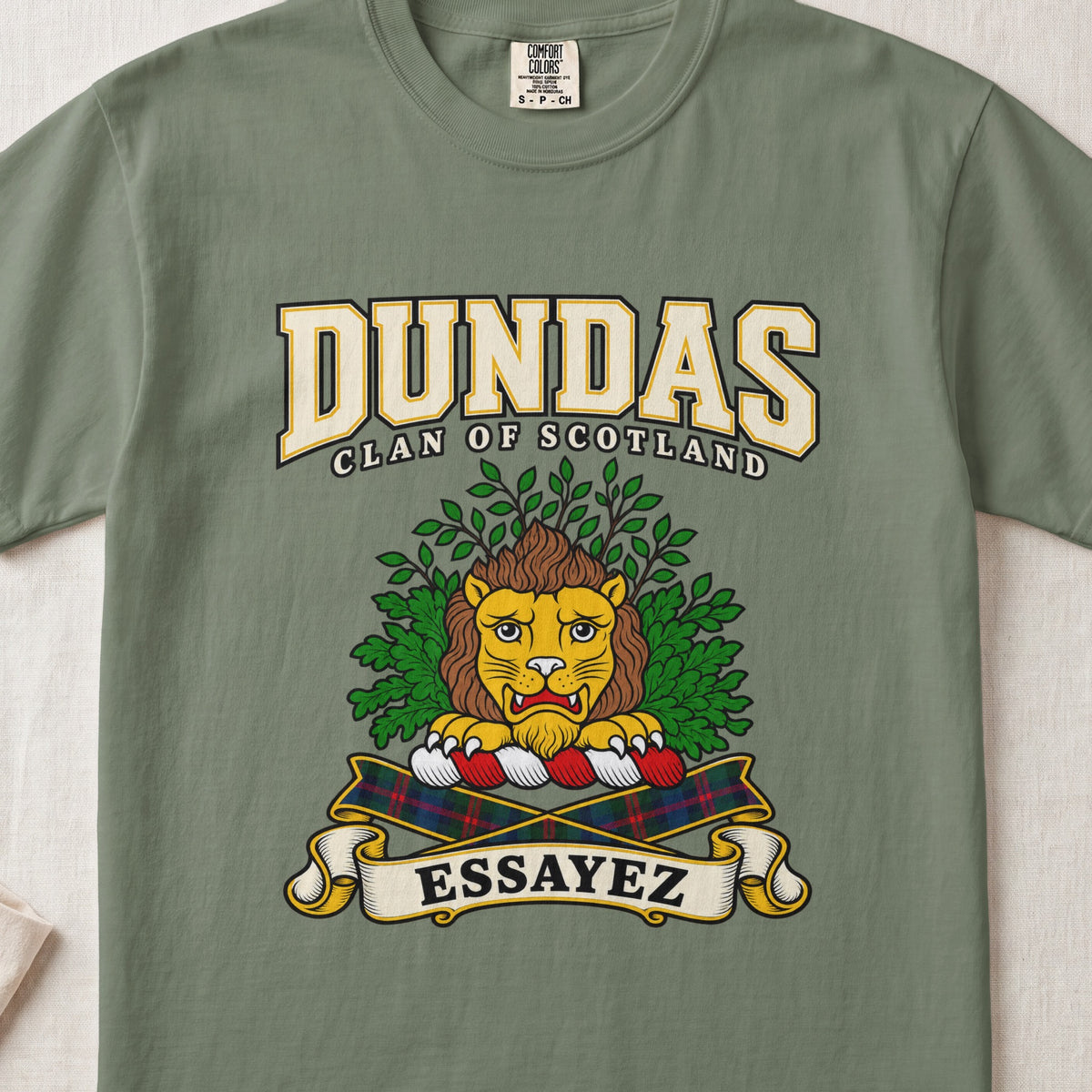 Dundas Scottish clan graphic T-shirt in Moss, front view