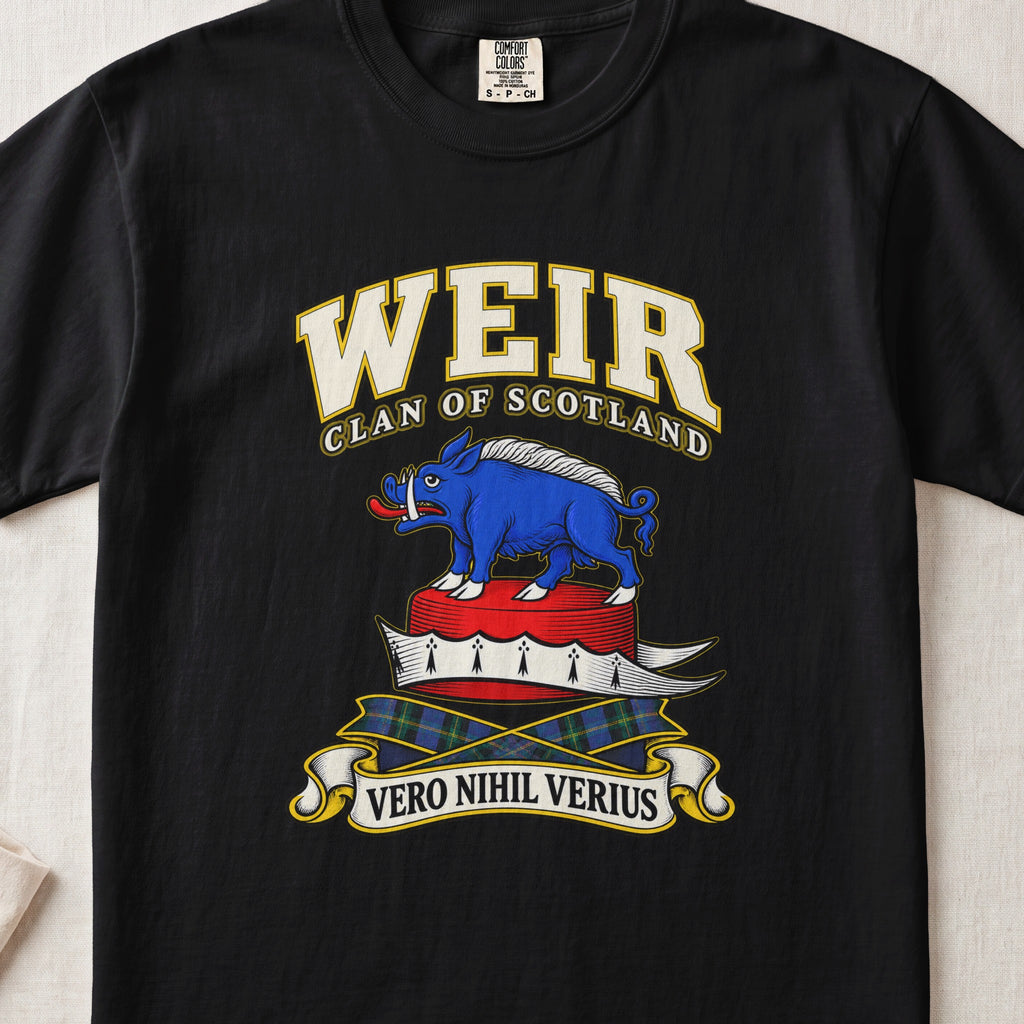 Weir Scottish clan T-shirt in Black, front view with a blue boar above a red-and-white cap and motto banner.