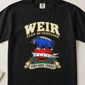 Weir Scottish clan T-shirt in Black, front view with a blue boar above a red-and-white cap and motto banner.
