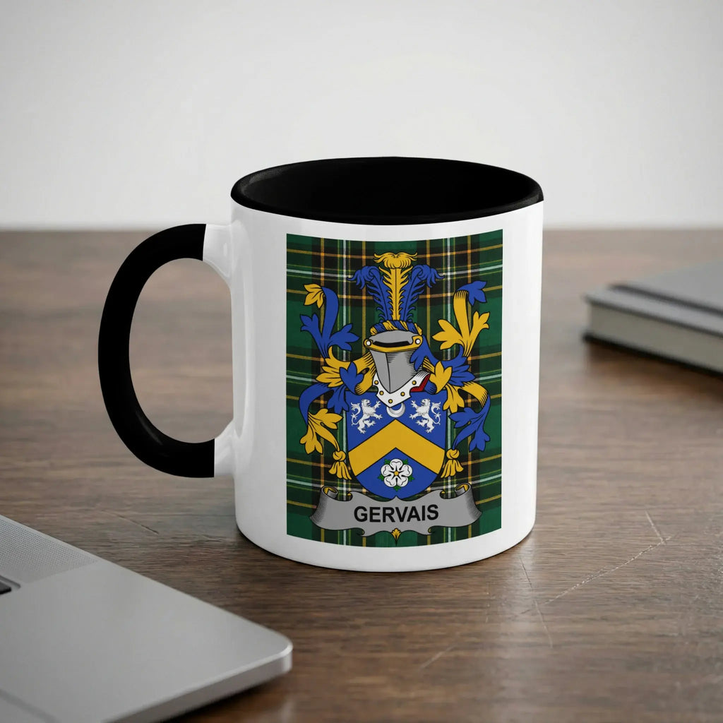 White mug with black rim displaying a coat of arms with "Gervais" written below.