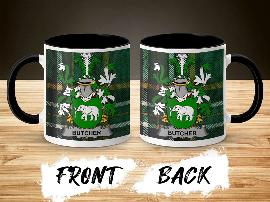 Butcher Surname Family Crest Irish Tartan Mug - Celtic Ancestry Gifts