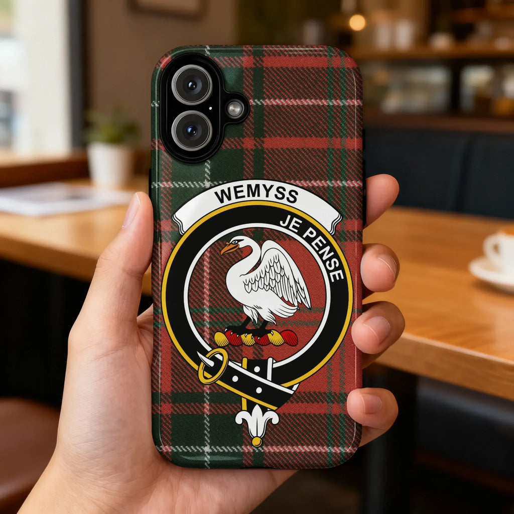 Clan Wemyss je pense crest iPhone case with tartan design — glossy dual-layer