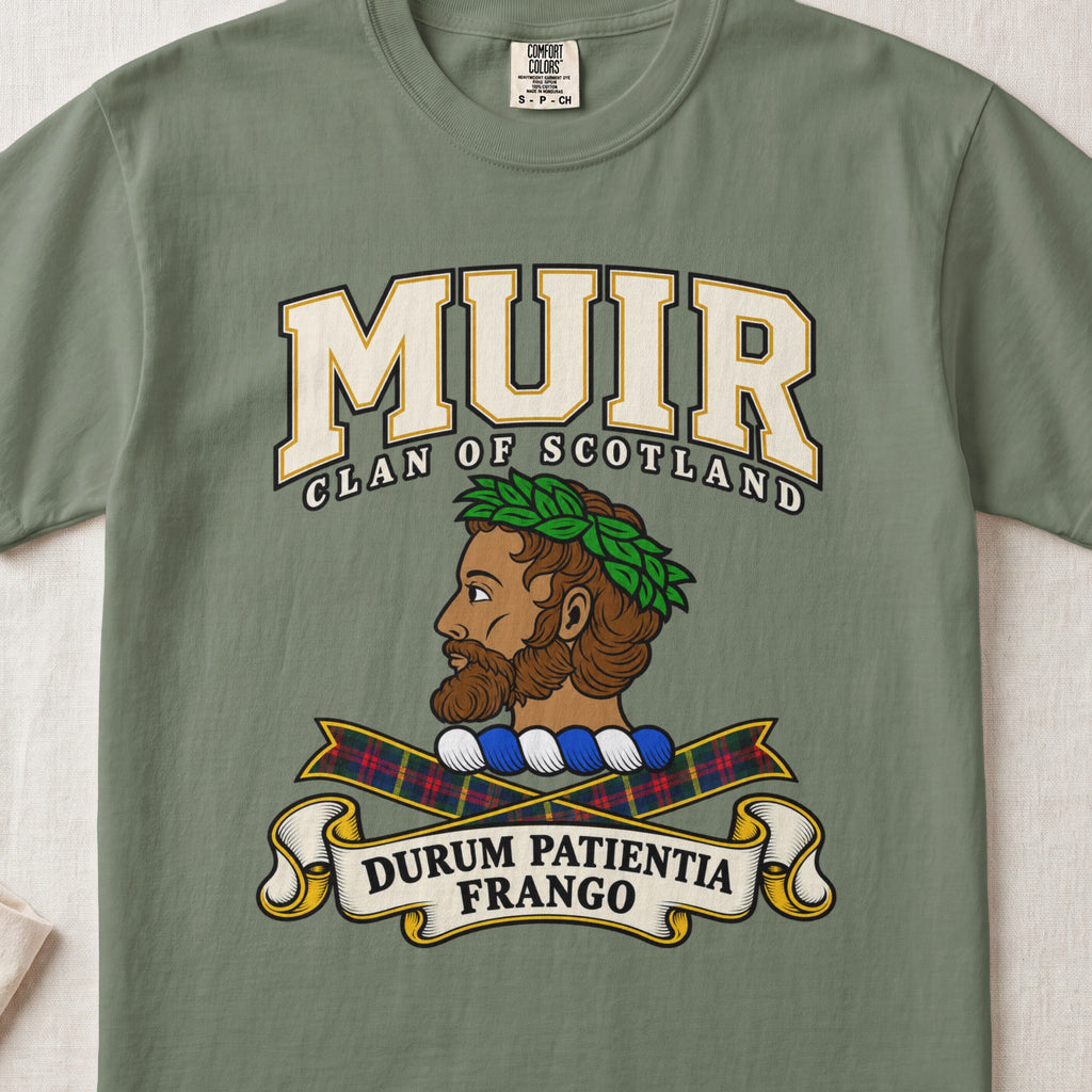 Muir Scottish clan graphic T-shirt in Moss, front view