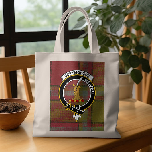 Traditional Scottish Clan Crest on Tartan Background Tote Bag - Living Stone Gifts