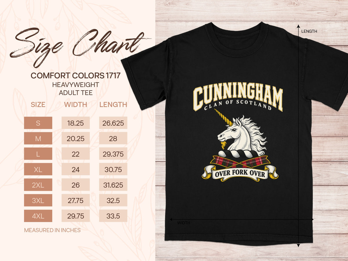 Cunningham Comfort Colors 1717 T-shirt size chart with black shirt illustration