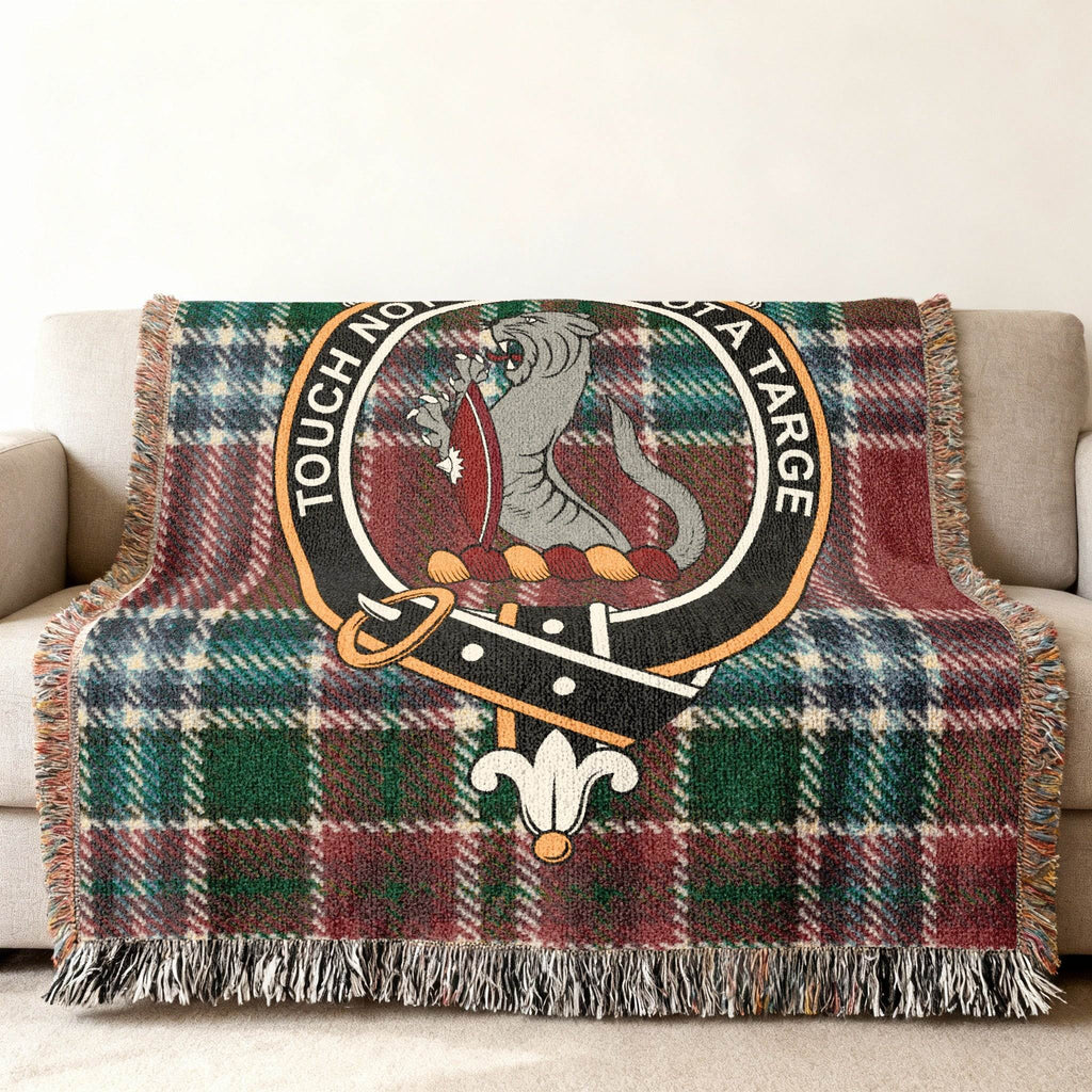 Clan MacBain tartan woven blanket — fringe border detail showing woven pattern and wildcat clan crest