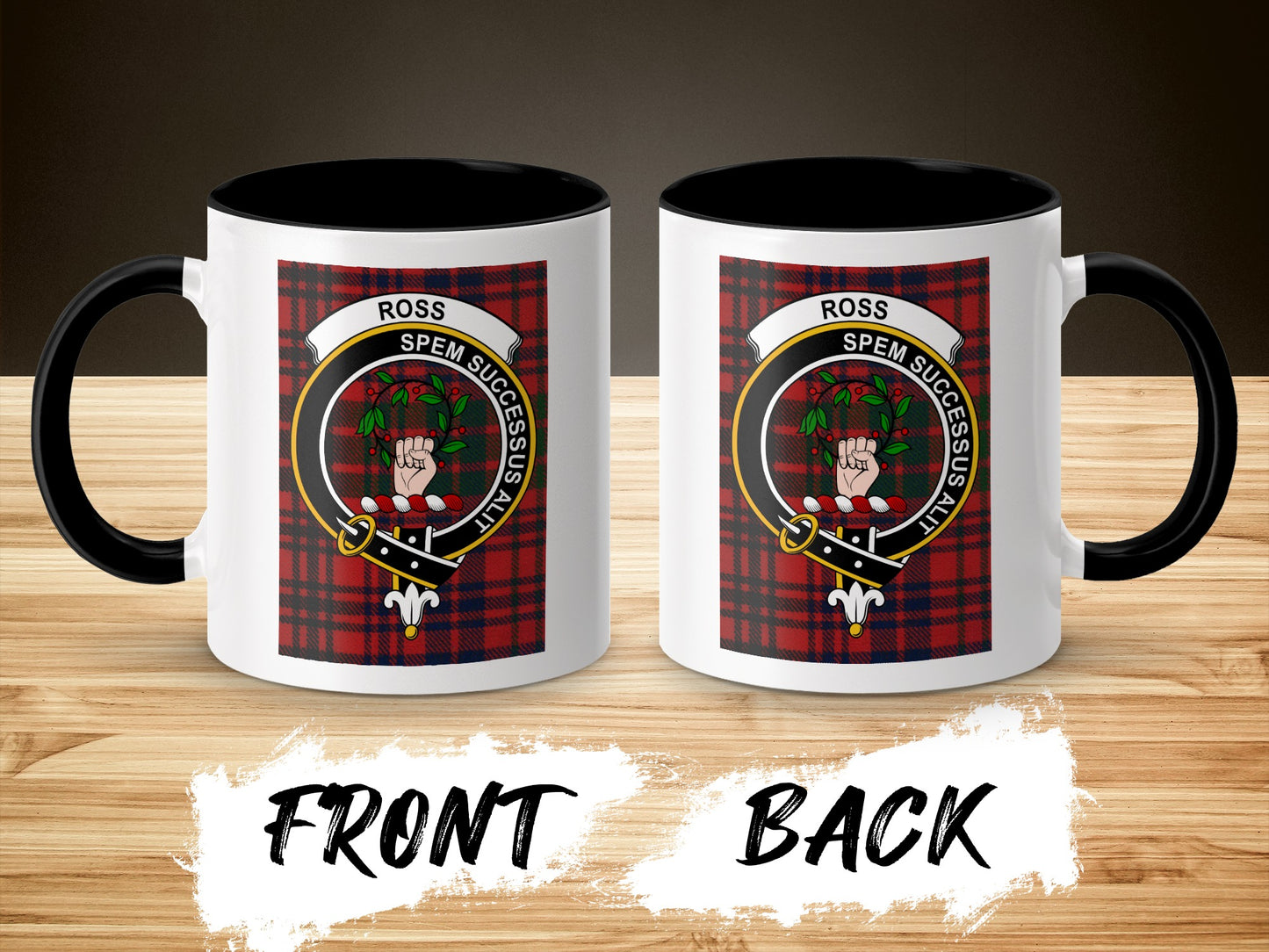 Two mugs, one front and one back view, with a Scottish crest and tartan pattern.