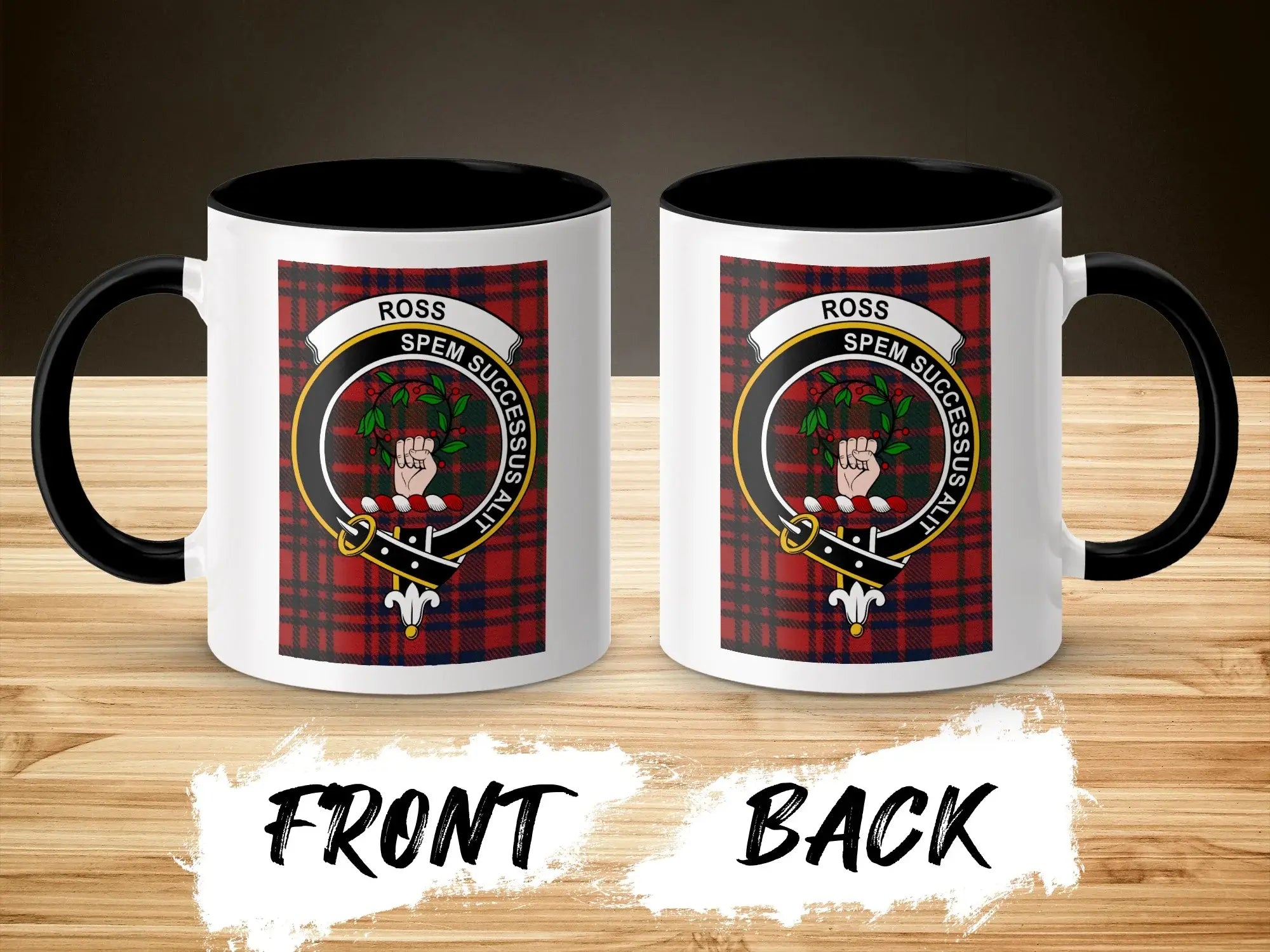 Clan Ross mug front and back view — Scottish crest and tartan, 15oz ceramic