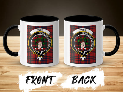 Two mugs, one front and one back view, with a Scottish crest and tartan pattern.