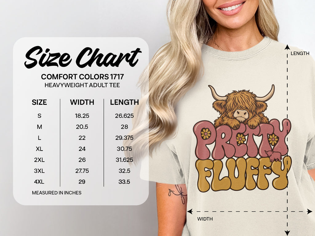 Comfort Colors 1717 size chart, S–4XL, for the Pretty Fluffy Highland cow T-shirt
