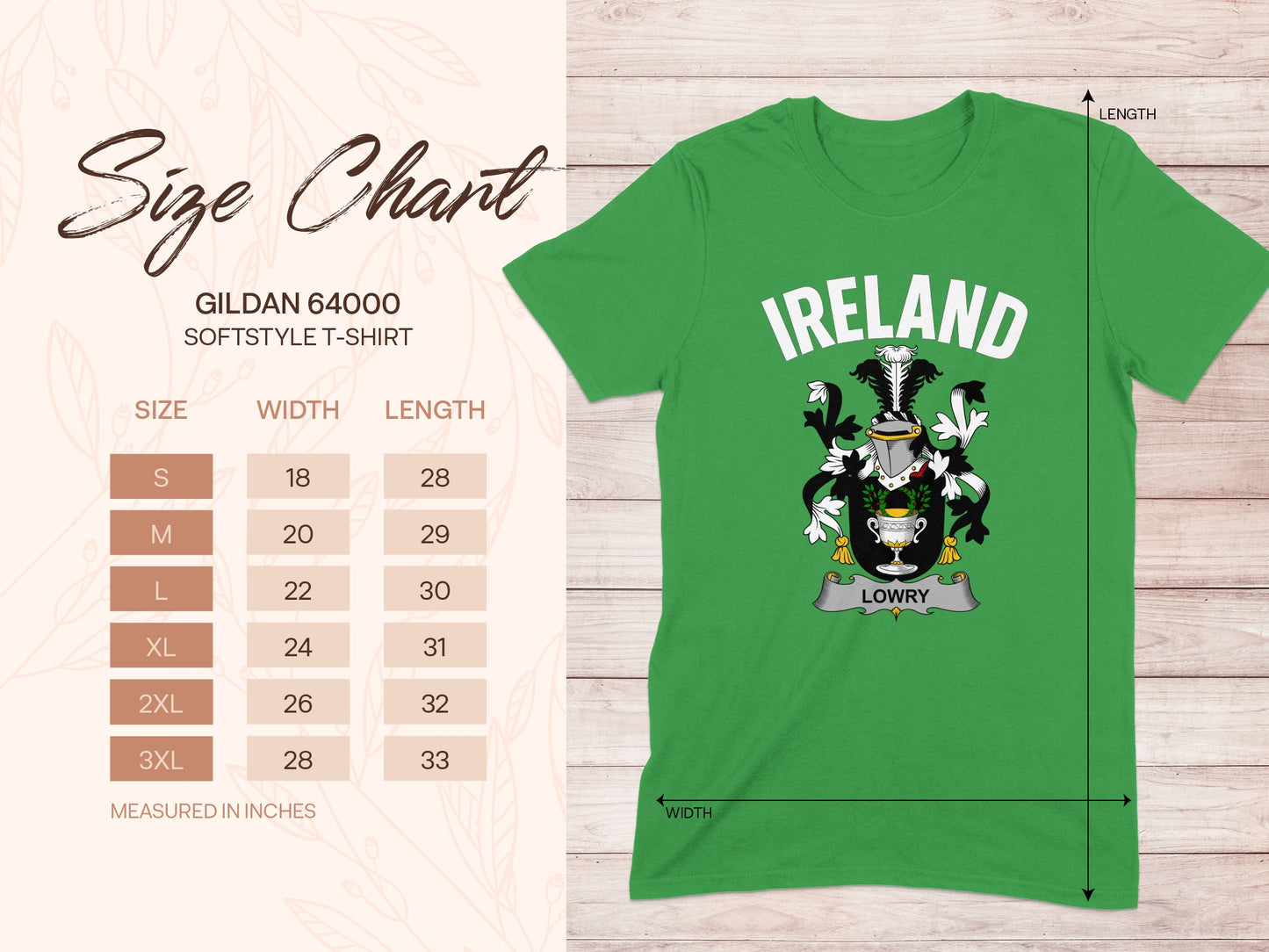 Green Ireland Crest T-Shirt with Size Chart