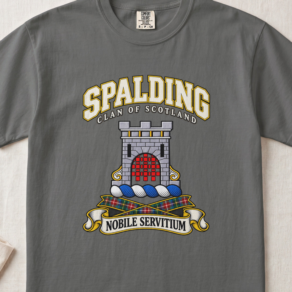 Spalding Scottish clan T-shirt in Pepper, front view with a stone tower with a red gateway and motto design.