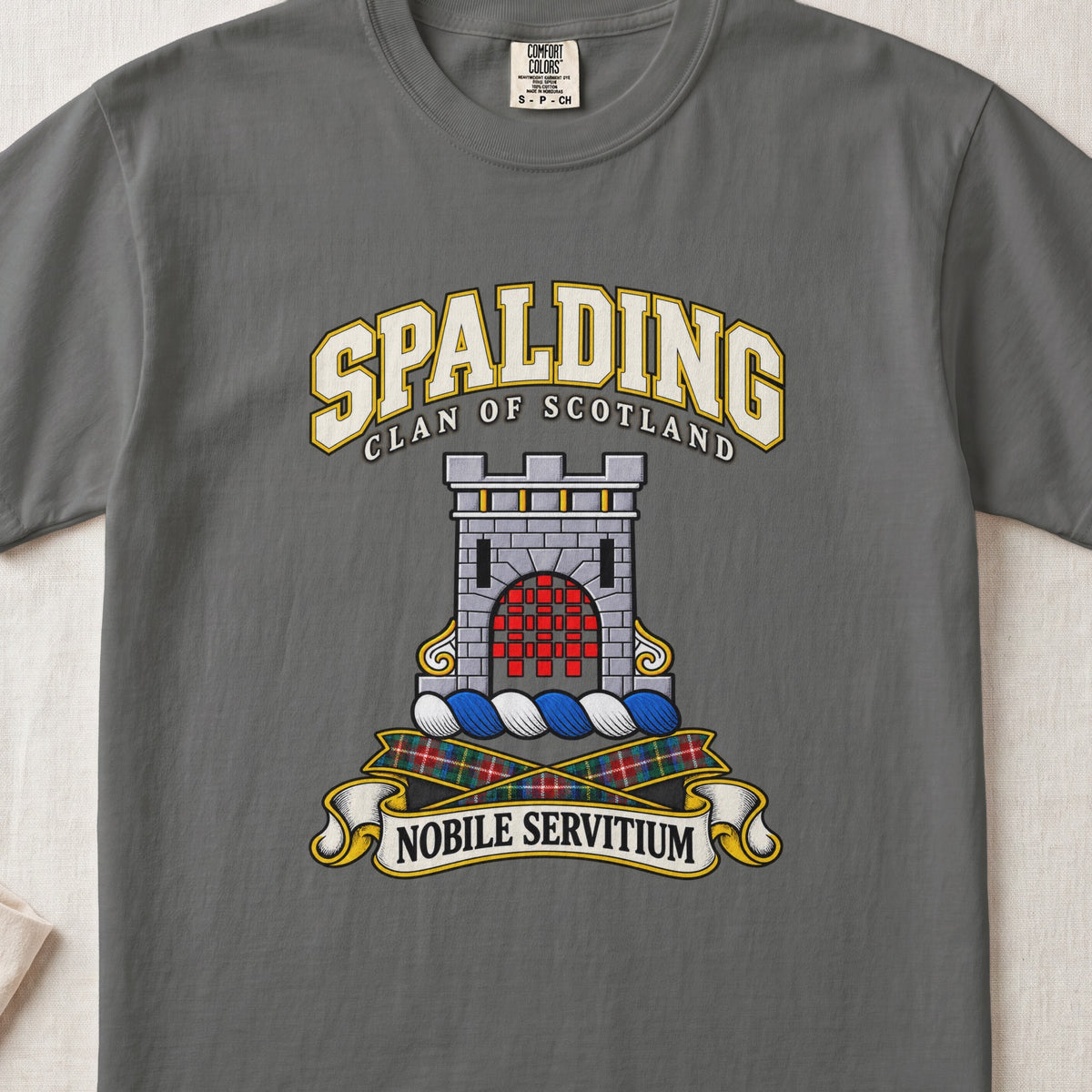 Spalding Scottish clan T-shirt in Pepper, front view with a stone tower with a red gateway and motto design.