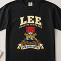 Lee Scottish clan T-shirt in Black, front view with a red cat head above a gold crown and motto banner.