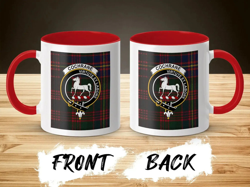 Cochrane clan horse crest second design mug — red handle, 11 oz ceramic
