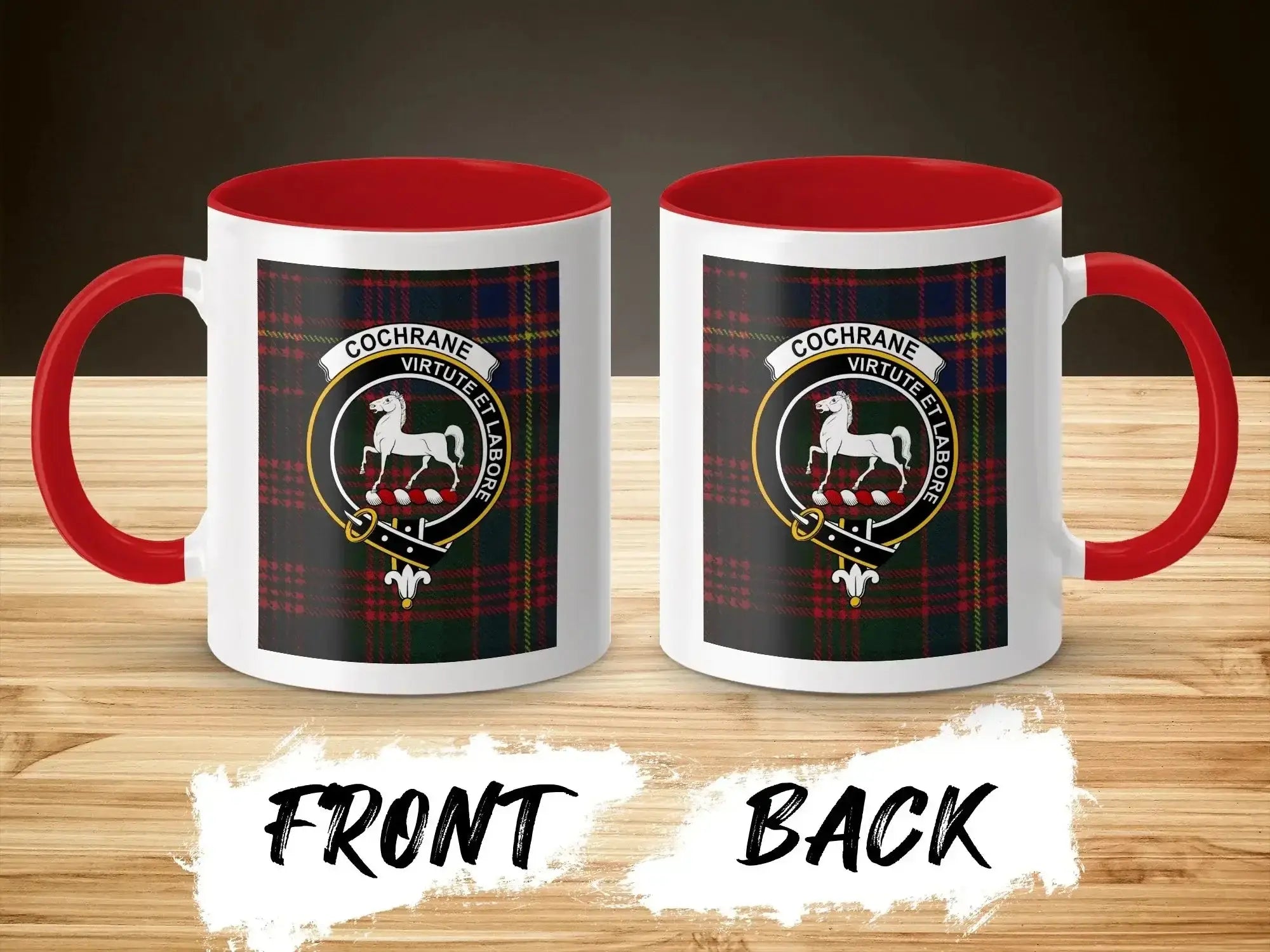 Cochrane clan horse crest second design mug — red handle, 11 oz ceramic
