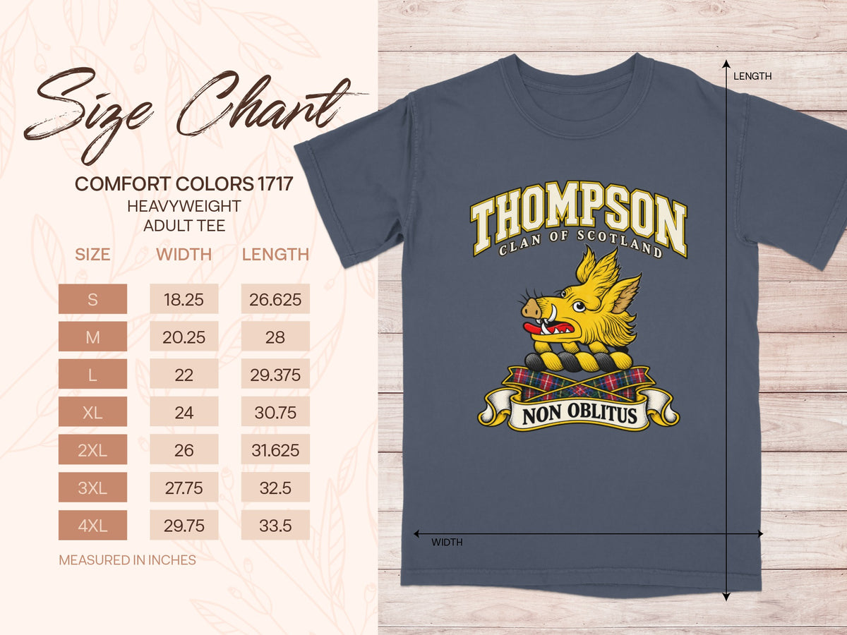 Comfort Colors 1717 size chart for the Thompson Scottish clan T-shirt, adult sizes S–4XL.