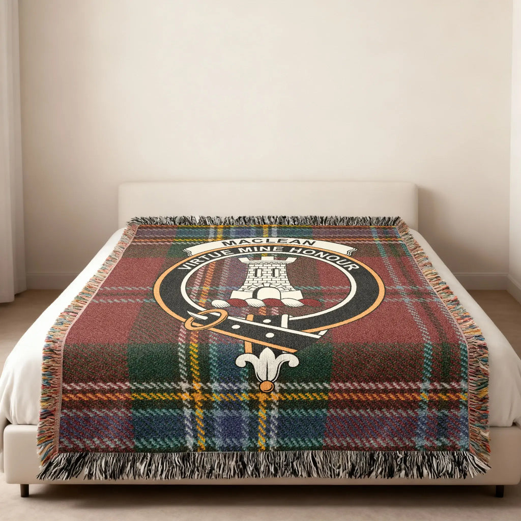 MacLean Virtue Mine Honour woven blanket with tower emblem design — 100% cotton