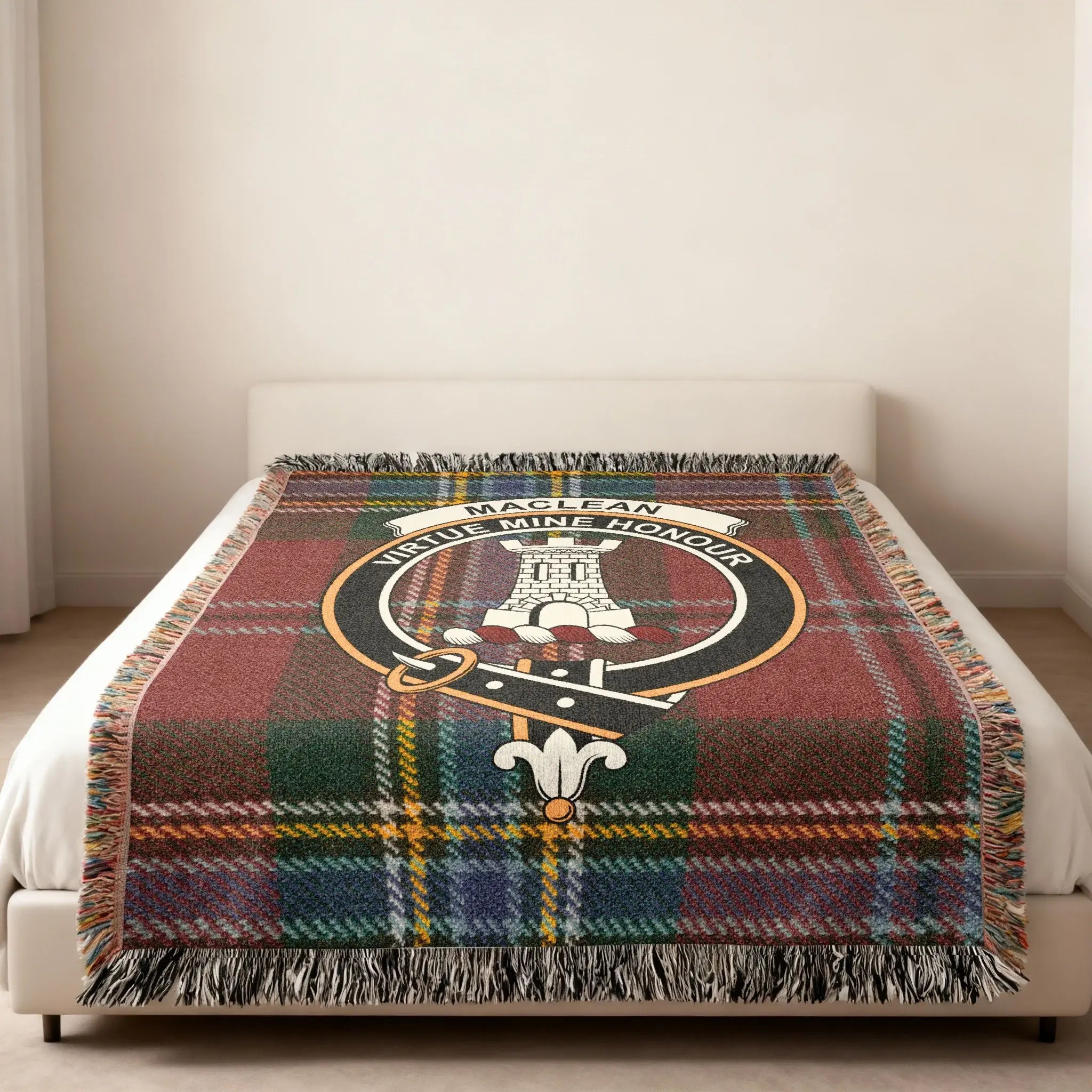MacLean Virtue Mine Honour woven blanket with tower emblem design — 100% cotton