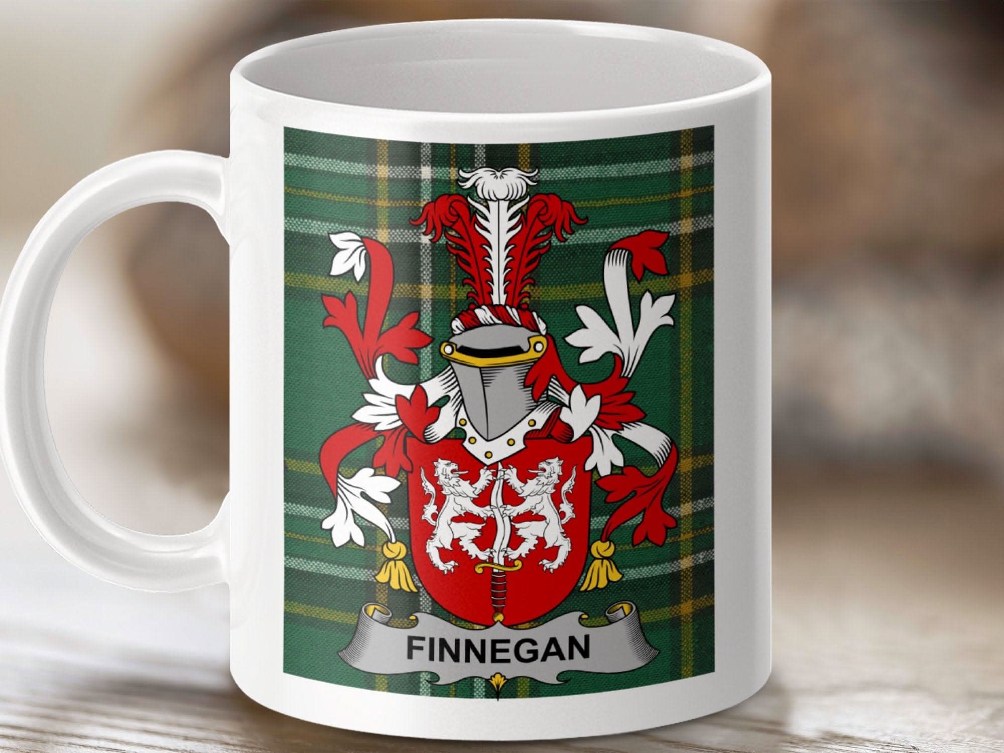 Finnegan Surname Family Crest Irish Tartan Mug - Celtic Ancestry Gifts